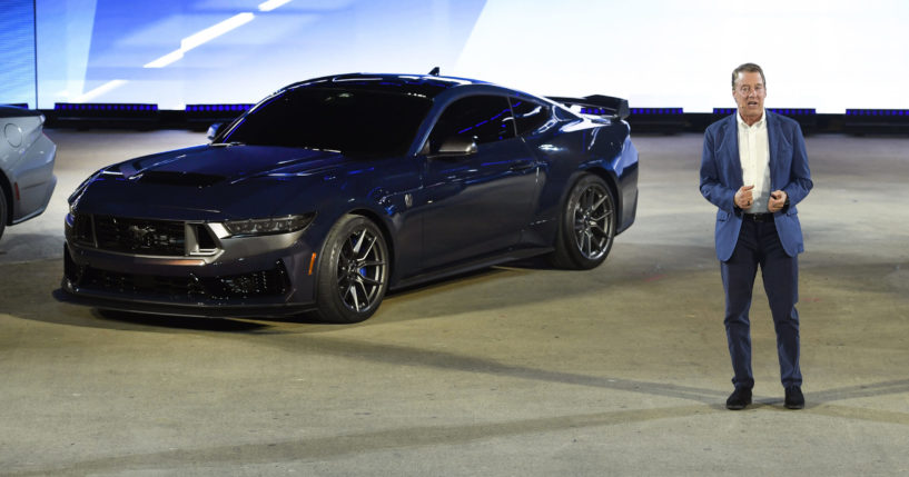 Bill Ford, executive chairman of Ford Motor Company, introduces one of the models of the 2024 Ford Mustang, the performance vehicle Dark Horse, at the North American International Auto Show, Wednesday, Sept. 14, 2022, in Detroit.