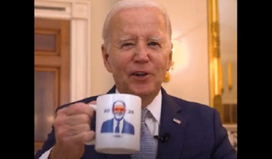 President Joe Biden holds a "Dark Braden" coffee mug in a promo for campaign merchandise.