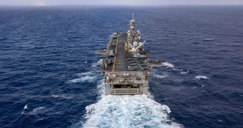 In this photo from the U.S. Navy, the Wasp-class amphibious assault ship USS Bataan travels through the Atlantic Ocean on July 20.