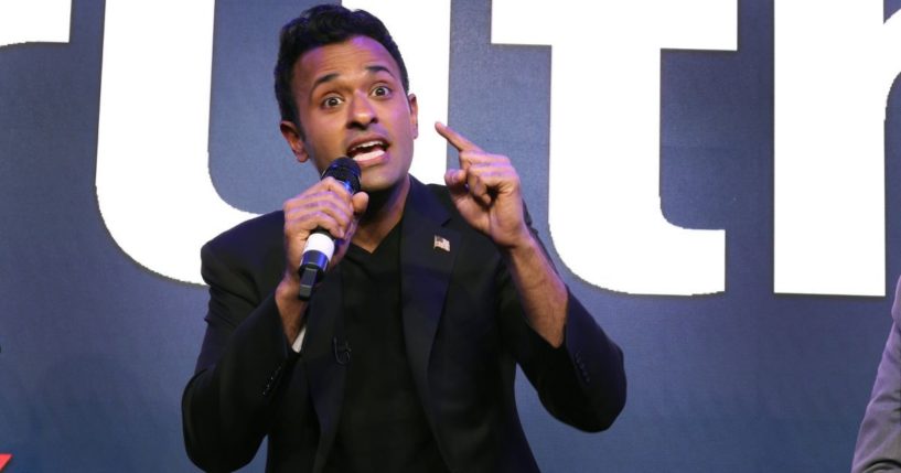 Republican presidential candidate Vivek Ramaswamy speaks during a town hall meeting on May 19 in Chicago.