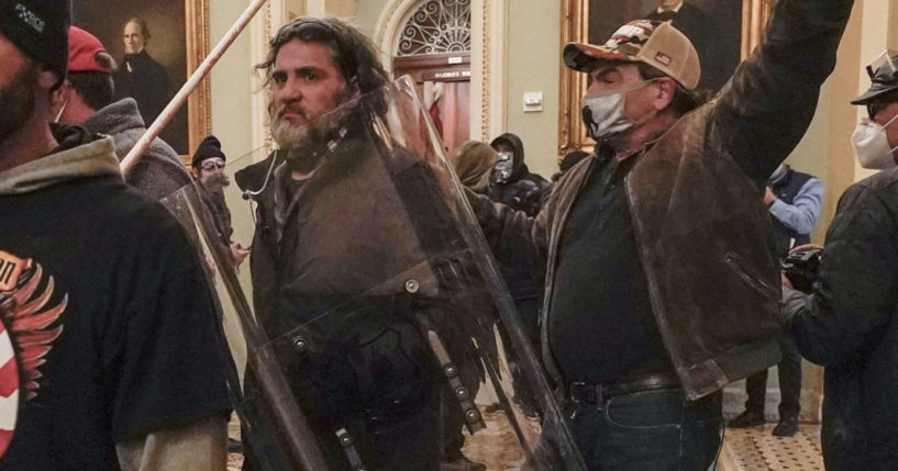 Dominic Pezzola in the Capitol with a police shield