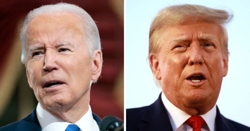 At left, President Joe Biden speaks at the U.S Capitol in Washington on Jan. 6, 2022. At right, former President Donald Trump speaks to the media at Atlanta Hartsfield-Jackson International Airport after being booked at the Fulton County jail in Atlanta on Aug. 24.