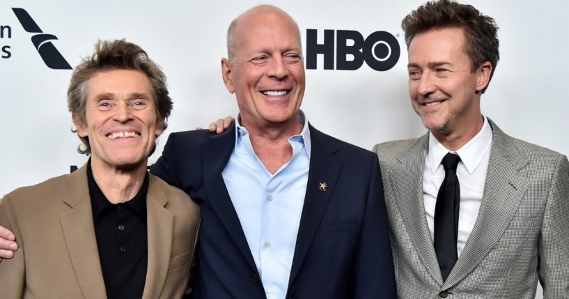 Willem Dafoe, left, Bruce Willis, middle, and Edward Norton, right, attend the "Motherless Brooklyn" Arrivals during the 57th New York Film Festival in New York City on October 11, 2019.