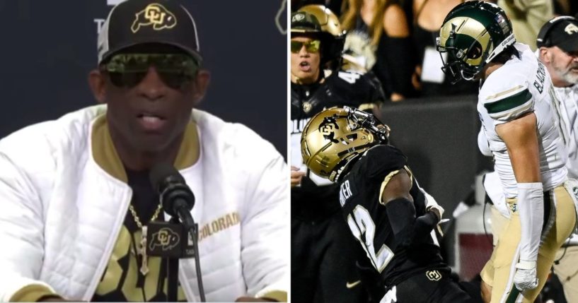 Colorado head coach Deion Sanders addresses the media on Tuesday. Wide receiver Travis Hunter of the Buffaloes is hit by defensive back Henry Blackburn of the Colorado State Rams at Folsom Field on Saturday in Boulder, Colorado.