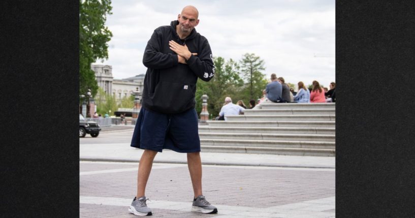 Pennsylvania Democratic Sen. John Fetterman is seen arriving at the Capitol in Washington, D.C,.wearing his customary attire of gym shorts and a hooded sweatshirt.