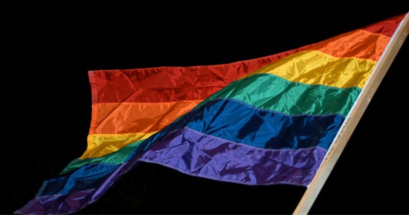 A "pride" flag flies in Cambridge, Massachusetts, after same-sex marriage becomes legal in the state on May 17, 2004.