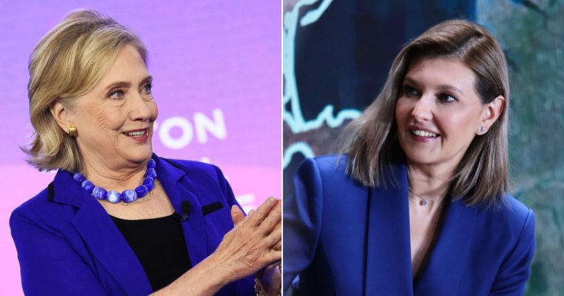 At left, former Secretary of State Hillary Clinton speaks during the Clinton Global Initiative meeting at the Hilton Midtown in New York City on Monday. At right, Olena Zelenska, the wife of Ukraine President Volodymyr Zelenskyy, takes part in the 18th Yalta European Strategy meeting in Kyiv on Sept. 9.