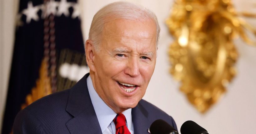 President Joe Biden speaks in the State Dining Room at the White House in Washington on Wednesday.