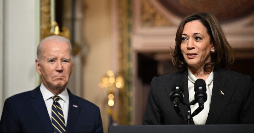 Vice President Kamala Harris, with President Joe Biden, speaks in the Eisenhower Executive Office Building in Washington, D.C., on July 25.