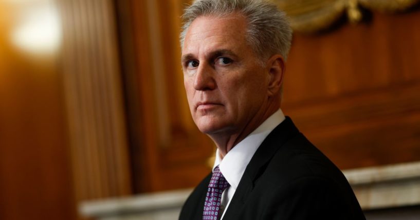 Speaker of the House Kevin McCarthy listens during a news conference at the U.S. Capitol on Friday in Washington, D.C.