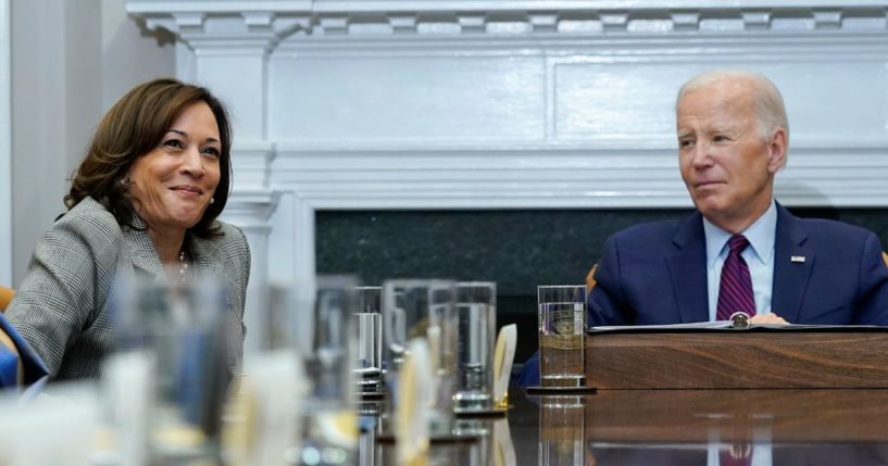 President Joe Biden looking at Vice President Kamala Harris