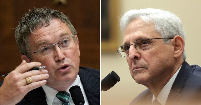 Kentucky GOP Rep. Thomas Massie, left, confronted Attorney General about "sending grandmas to prison" while a man seen on multiple videos urging people to charge into the U.S. Capitol on Jan. 6, 2021, was only charged with a single misdemeanor. "The American public isn't buying it," Massie told Garland.