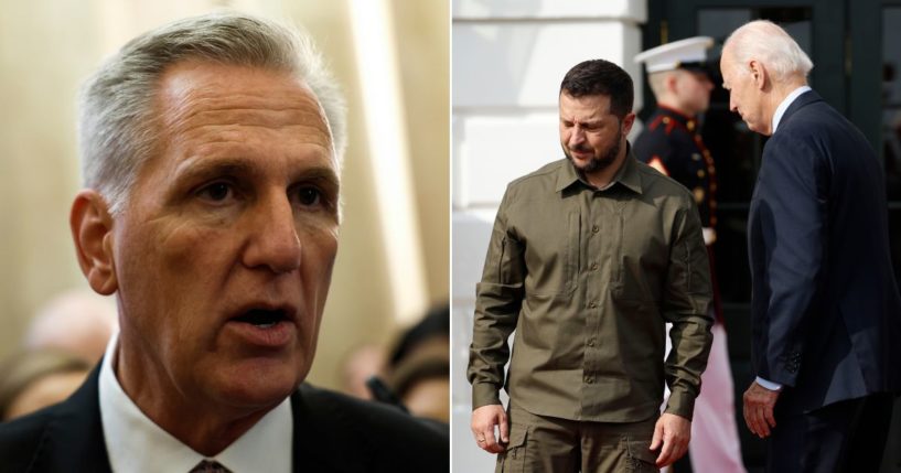 At left, Speaker of the House Kevin McCarthy speaks to reporters at the U.S. Capitol in Washington on Wednesday. At right, President Joe Biden welcomes Ukraine President Volodymyr Zelenskyy to the White House in Washington on Thursday.