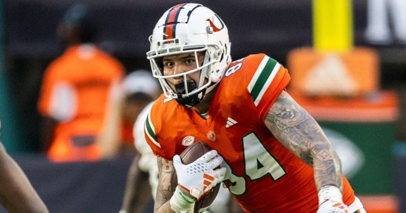 Miami tight end Cam McCormick runs with the ball during a game against the Texas A&M Aggies at Hard Rock Stadium on Sept. 9. The Hurricanes won 48-33.