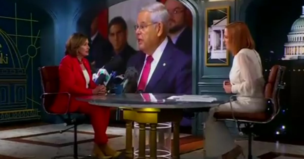 Former House Speaker Rep. Nancy Pelosi of California, left, discusses with MSNBC's Jen Psaki whether New Jersey Sen. Bob Menendez (seen on video in background) should step down because of his recent indictment on charges of corruption.