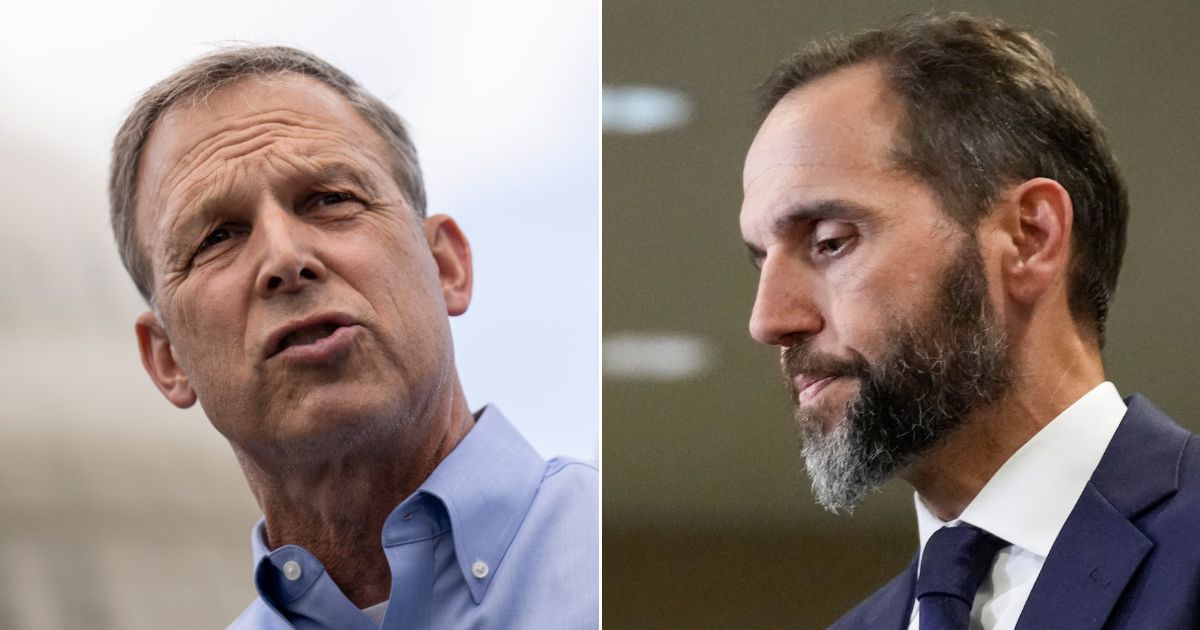 At left, Republican Rep. Scott Perry of Pennsylvania speaks during a news conference outside the U.S. Capitol on Tuesday. At right, special counsel Jack Smith arrives to give remarks on a recently unsealed indictment including four felony counts against former President Donald Trump in Washington on Aug. 1.