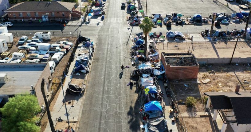 An aerial view shows a section of "the Zone," Phoenix's largest homeless encampment, on July 26.