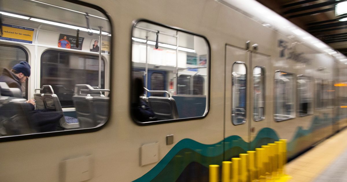 A Sound Transit Link light rail train carries commuters in Seattle on March 16, 2020.