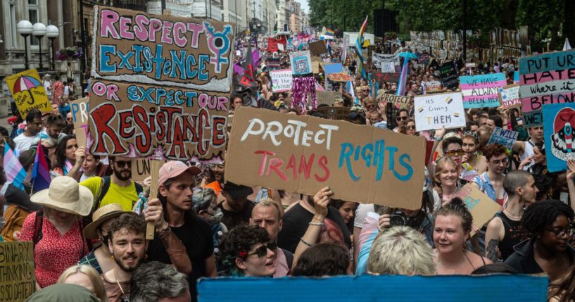 The London Trans Pride protest walks down Piccadilly in London, England, on July 8.