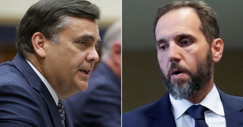 At left, George Washington University Law School professor Jonathan Turley testifies during a hearing of the House Judiciary Committee at the Rayburn House Office Building in Washington on June 30, 2021. At right, special counsel Jack Smith arrives to deliver remarks on the indictment of former President Donald Trump in Washington on Aug. 1.