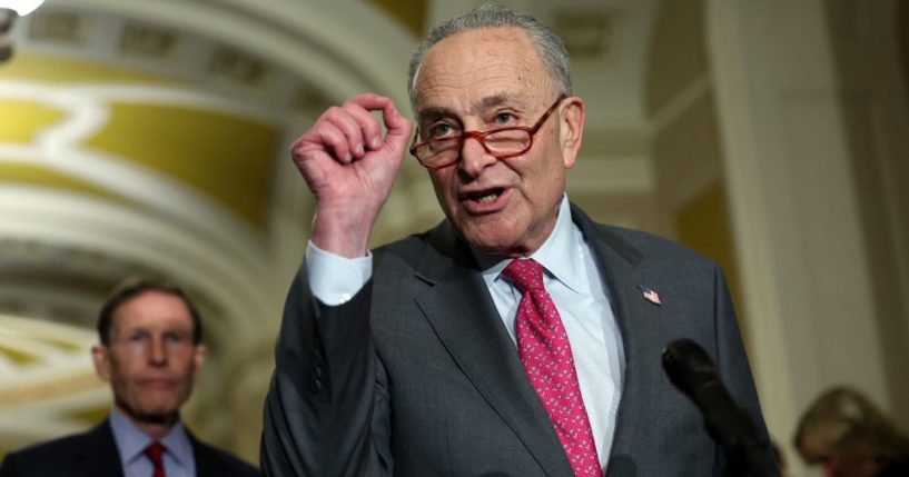 Senate Majority Leader Charles Schumer, a Democrat from New York, speaks after a Democratic policy luncheon at the U.S. Capitol on March 28. Schumer spoke out against Sen. Tommy Tuberville, a Republican from Alabama, preventing the confirmation of military appointments over the Pentagon's abortion policies.