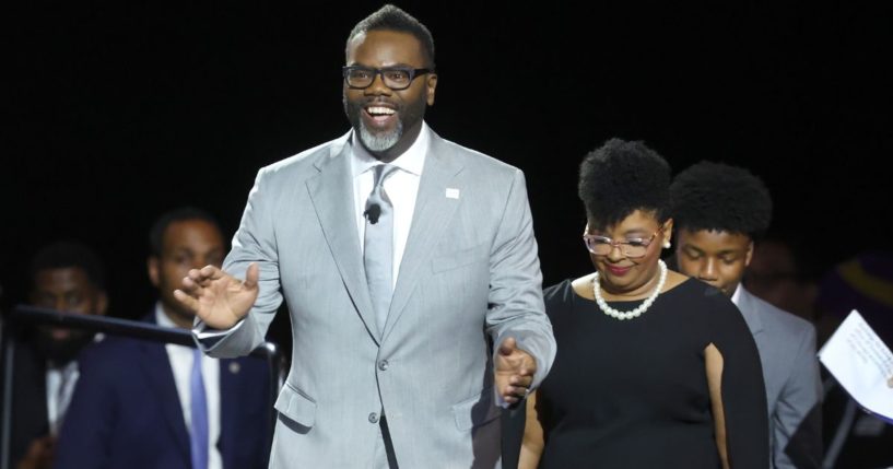 Brandon Johnson, shown during his inauguration ceremony as Chicago's mayor on May 15, is touting his Economic Security Project.