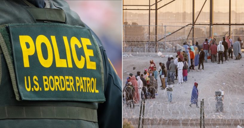 The uniform patch of the United States Border Patrol, left; right, illegal immigrants line up at the border in a May file photo.