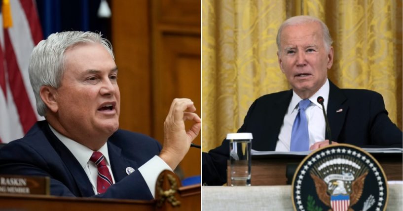 House Oversight Committee Chairman James Comer, left; President Joe Biden, right.