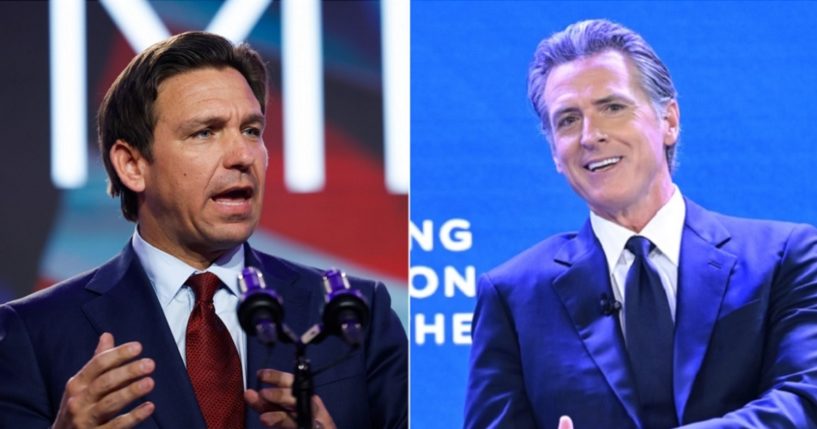 Florida Gov. Ron DeSantis, left; California Gov. Gavin Newsom, right.