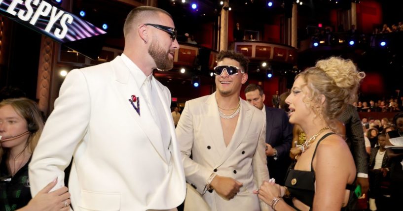 Travis Kelce, Patrick Mahomes and Brittany Mahomes attend The 2023 ESPY Awards at Dolby Theatre on July 12 in Hollywood, California.