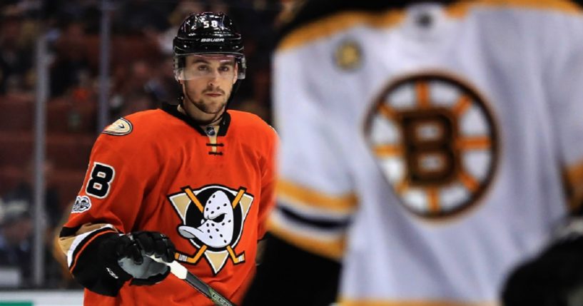 Nicolas Kerdiles is pictured during an Anaheim Ducks game against the Boston Bruins in February 2017.