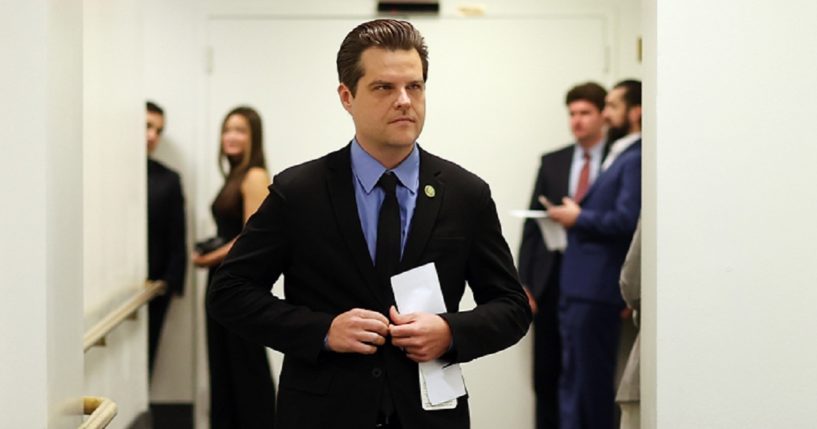 Florida Republican Rep. Matt Gaetz leaves a meeting of House Republicans on Sept. 19 in the Capitol.