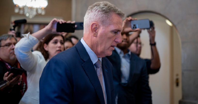 House Speaker Kevin McCarthy is pictured in the Capitol on Tuesday after five conservative GOP members voted against a defense spending bill supported by the speaker.