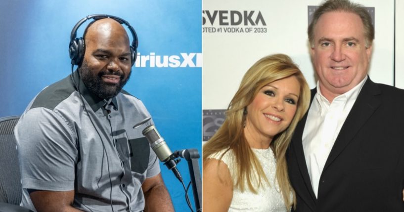 Former NFL player Michael Oher, left; Leigh Anne and Sean Tuohy, right.