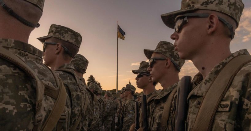 Ukrainian cadets attend a ceremony for taking the military oath at The National Museum of the History of Ukraine in the Second World War, in Kyiv, on Friday, amid the Russian invasion of Ukraine.