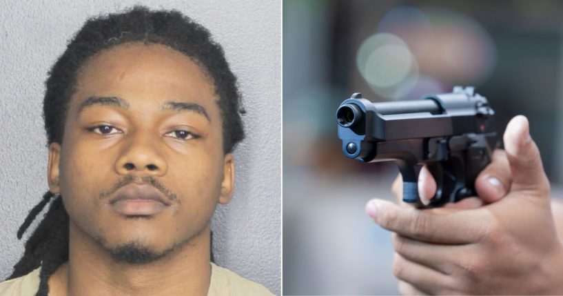 According to police, armed robbery suspect Nicolas Richard Lee Deas, left, was held at gunpoint by a good Samaritan at a Family Dollar store in Fort Lauderdale, Florida, until officers arrived on the scene. At right is a stock photo of a man holding a handgun.