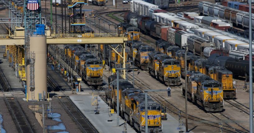 Locomotives are stacked up with freight cars in the Union Pacific Railroad's Bailey Yard, April 21, 2016, in North Platte, Nebraska.