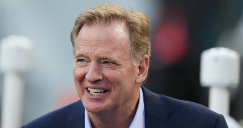 NFL commissioner Roger Goodell watches warm ups before an NFL football game between the Philadelphia Eagles and the Minnesota Vikings on Thursday, Sept. 15, 2023, in Philadelphia.