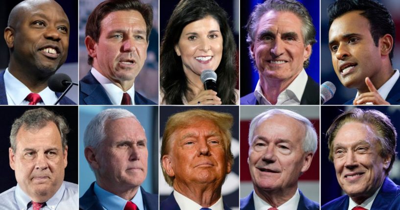 This combination of photos shows Republican presidential candidates, top row from left, Sen. Tim Scott, Florida Gov. Ron DeSantis, former South Carolina Gov. Nikki Haley, North Dakota Gov. Doug Burgum and Vivek Ramaswamy, bottom row from left, former New Jersey Gov. Chris Christie, former Vice President Mike Pence, former President Donald Trump, former Arkansas Gov. Asa Hutchinson and businessman Perry Johnson, who left the race last week.