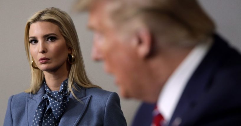 Ivanka Trump watches her father, then-President Donald Trump, speak during a news conference in the James Brady Press Briefing Room at the White House in Washington on March 20, 2020.