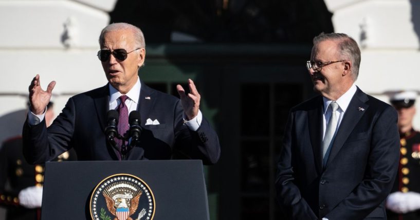 U.S. President Joe Biden speaks as he welcomes Australian Prime Minister Anthony Albanese to the White House on Wednesday in Washington, D.C.