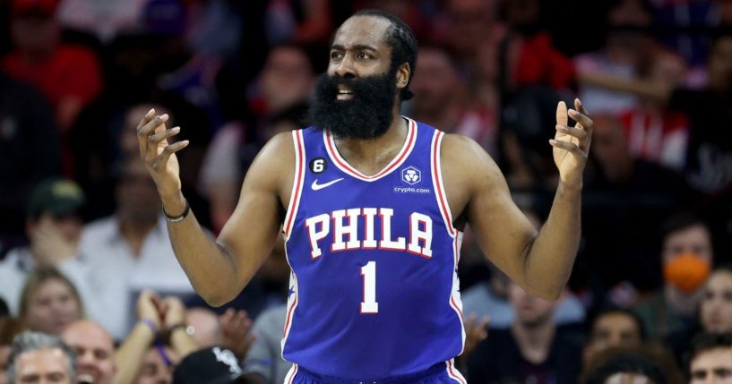 James Harden of the Philadelphia 76ers reacts to a play during a game against the Boston Celtics on May 11 in Philadelphia.