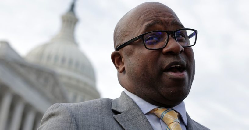 New York Rep. Jamaal Bowman speaks to reporters in front of the U.S. Capitol in Washington on March 22.