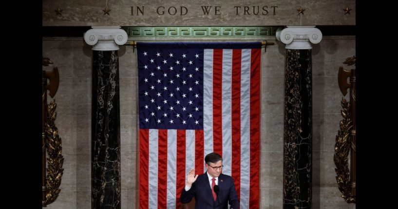 Newly elected U.S. Speaker of the House Mike Johnson takes his oath of office at the U.S. Capitol in Washington on Wednesday.