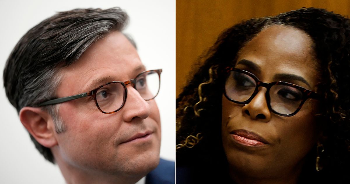 At left, Rep. Mike Johnson leaves a House Republican conference meeting in the Longworth House Office Building on Capitol Hill in Washington Oct. 24. At right, Democratic Del. Stacey Plaskett of the Virgin Islands speaks during a hearing of the House Judiciary subcommittee on the weaponization of the federal government on Capitol Hill on July 20.