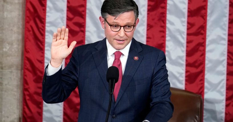 Rep. Mike Johnson takes the oath to be the new House speaker at the Capitol in Washington, D.C., on Wednesday.