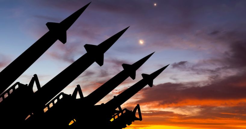 This stock image shows four nuclear missiles silhouetted against a sunset. The U.S. has recently announced plans for the development of a new nuclear bomb.