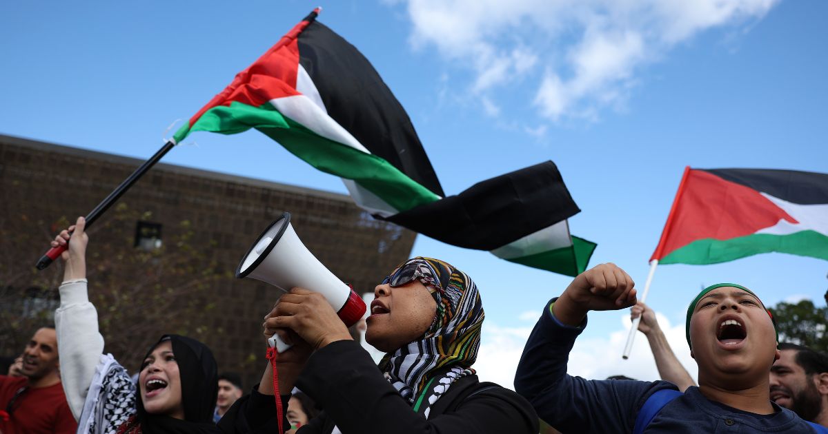 Demonstrators wave Palestinian flags during an anti-Israel rally in Washington on Saturday.