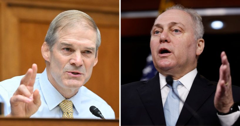 Rep. Jim Jordan, left, speaks during a House committee hearing on Capitol Hill in Washington, D.C., on Sept. 28. House Majority Leader Steve Scalise speaks during a news conference at the Capitol on Sept. 27 in Washington, D.C.