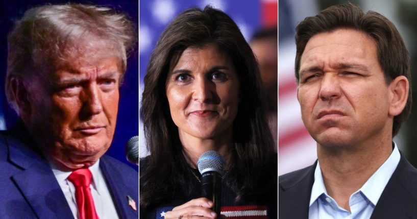 Republican presidential candidates former President Donald Trump, left, and Gov. Ron DeSantis, right, have said they would not allow refugees from Gaza to enter the U.S.; however, GOP hopeful NIkki Haley, middle, has taken a different stance and believes the civilians could be separated from the terrorists and allowed entrance into America.